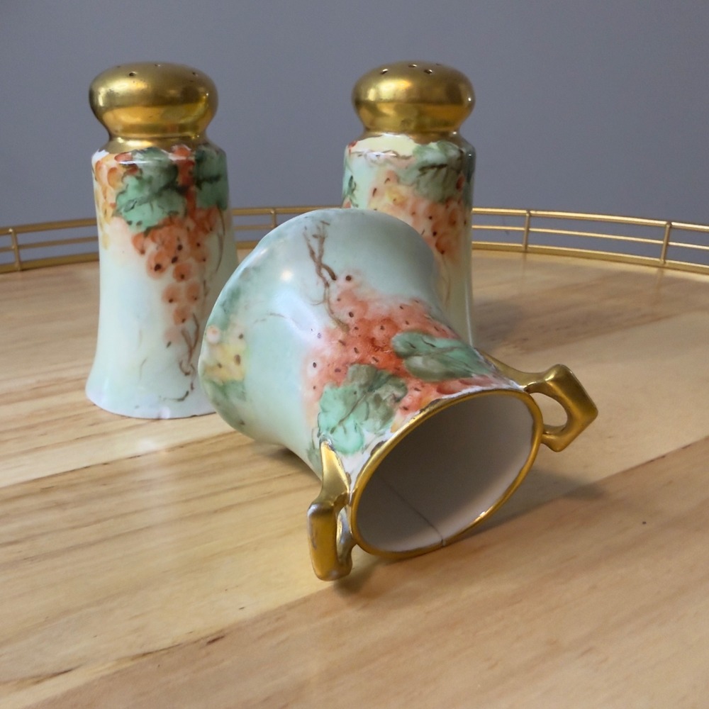 Vintage Grape Porcelain Salt Pepper Shakers & Creamer Set Gold Trim Hand Painted